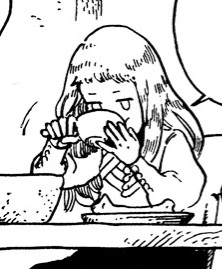 A black ad white manga panel of Richeh hungrily eating from a bowl